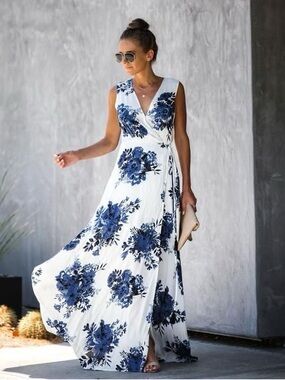 White Maxi Dress with Blue Floral Print by
